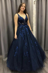 Ball Gown V-Neck Dark Blue Long Prom Dress, Lace Applique Tulle Formal Dress